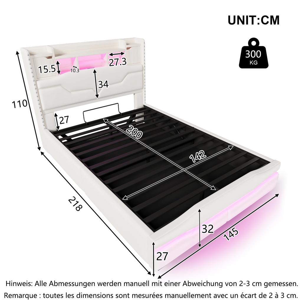 Upholstered Bed 140x200 Hydraulic Storage LED Headboard USB-A&USB-C Charging Function Remote Control Slatted Frame Beige Without Mattress