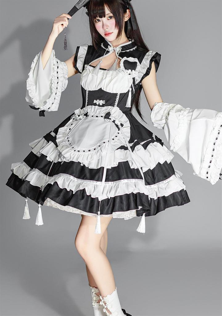 YZZYQQ Maid Cute Black and White Outfit with Gothic Alice in Wonderland Princess Classical and Plus Size Maid Size S Costume, Cosplay, Ribbon, Lolita,