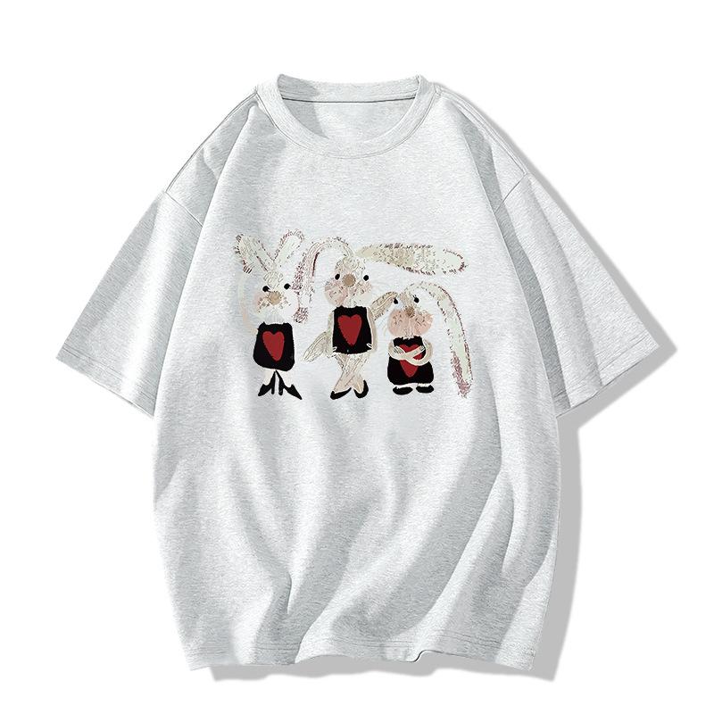 Ladies Summer Short Sleeve Round Collar Cartoon Rabbit Printed Loose Pullover Casual T Shirt Top