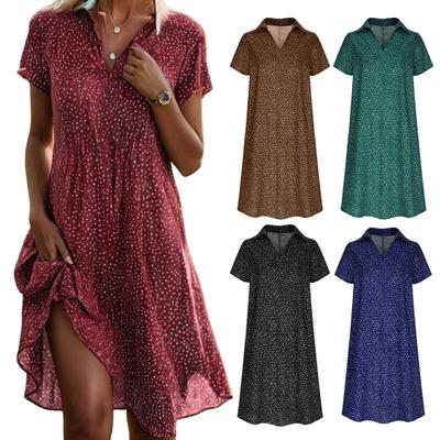 Sommerkleid mit Punktdruck, kurzen Ärmeln, lockeres A-Linien-Hemdkleid mit V-Ausschnitt, knielanges Midikleid für Dating, Reisen und Urlaub
