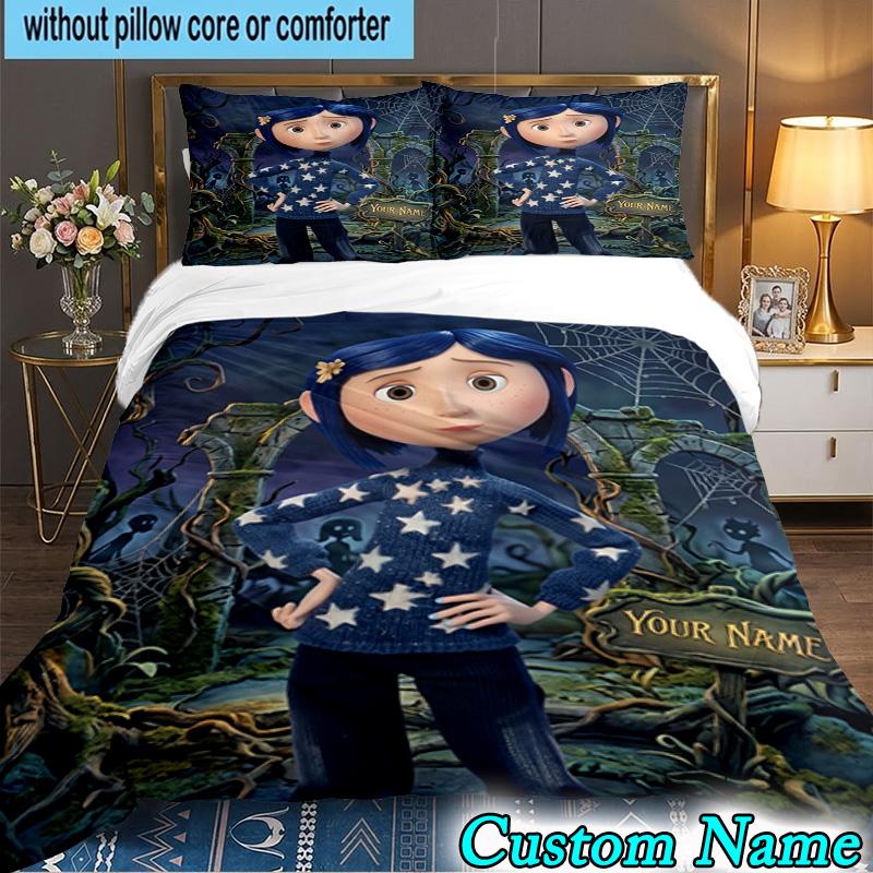 Custom Name 3PCS Mystery Coraline's World Bedding Set,Including Duvet Cover And 2pcs Pillowcases Perfect for Bedroom,Dormitory,Fan Christmas Gift