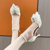 2024 Summer New External Sandals Women's Pointed Bow Pearl Shallow Mouth Fairy Style Comfortable High Heel Single Shoes