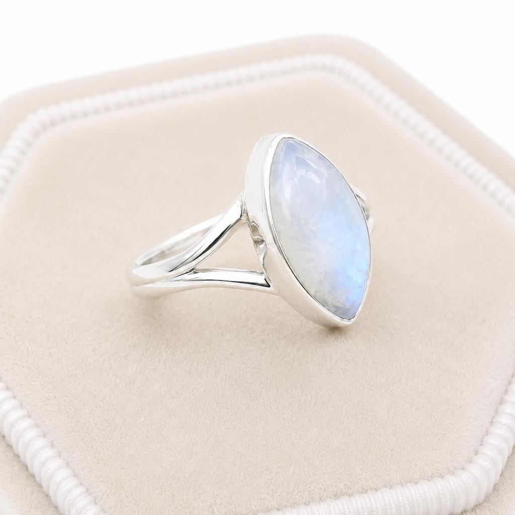 Rainbow Moonstone Marquise Ring in 925 Sterling Silver, Handmade Minimalist Gemstone Ring, Boho Moonstone Jewelry