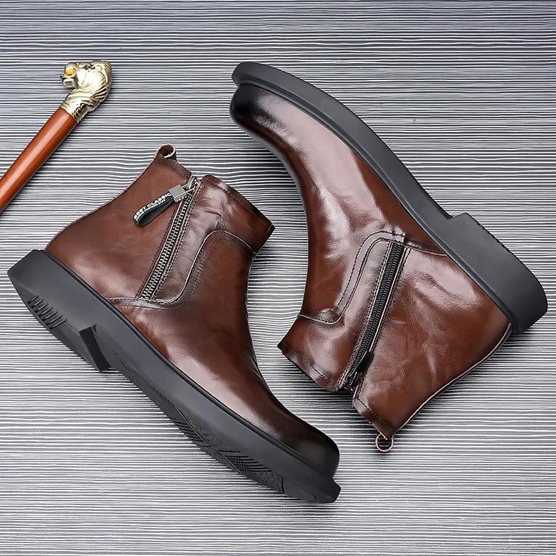 Botines de Cuero de Moda para Hombre Otoño Invierno Terciopelo Cálido Botas Chelsea de Caña Alta Zapatos de Vestir Casuales de Diseñador para Hombre