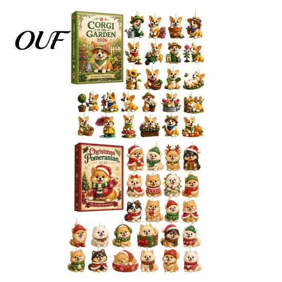 Corgi Gardening Ornament Cute Puppies Advent Calendar, 24 Days Christmas Countdown Calendar with 2D Tree Pendant Flat Acrylic Dog Pendants for Hanging