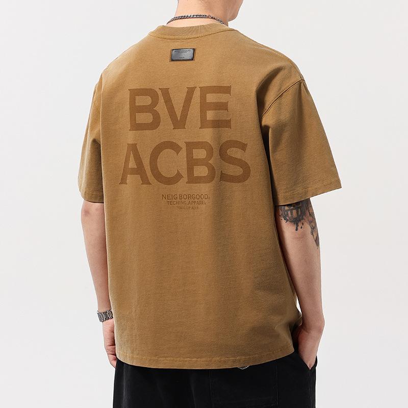 Heavy Summer Pure Cotton Short-sleeved T-shirt Men's Loose Letter Printed Round Neck Half-sleeved