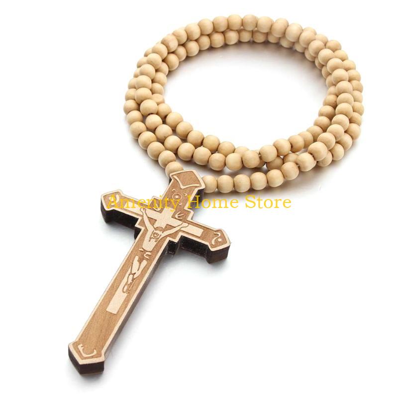 F26C Catholic for Cross Necklace with Wooden Beads Rosary Religious Wear Jesus Carved Crucifix Pendant Chain Christian Prayer