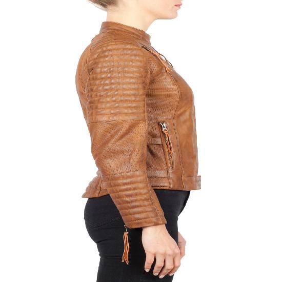 NOORA Womens Tan Brown Leather Motorcycle Biker Quilted Jacket With Zipper & Pocket | Snap On Collar |