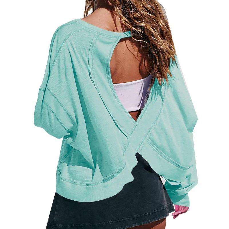 Women's Loose Long Sleeved Backless Women's Top Age Reducing Hollow Out Short Round Neck Women's T-shirt