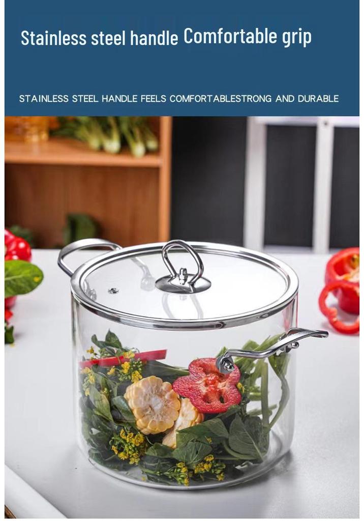 Heat-Resistant Borosilicate Glass Soup Pot with Double Stainless Steel Handles