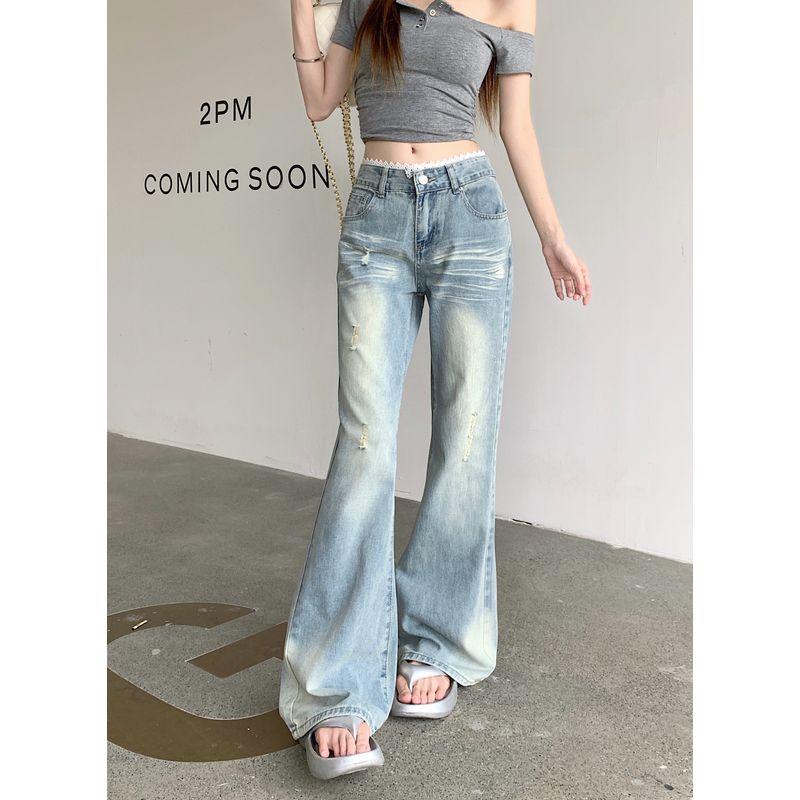 

Kumikumi Lace Lace Low Waist Micro-Pull Denim Women s Autumn Retro Light Blue Slimming Straight Pants Pants Light Blue small section((145-155)) L