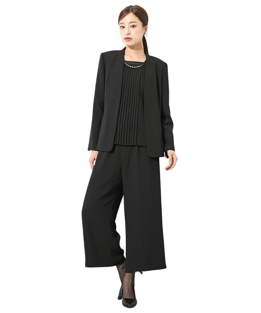Nissen Black Formal Collarless Jacket and Wide Pants Suit Pleated Blouse Wide Available In Plus Size 4L Women's Mourning/Formal Wear, Washable,