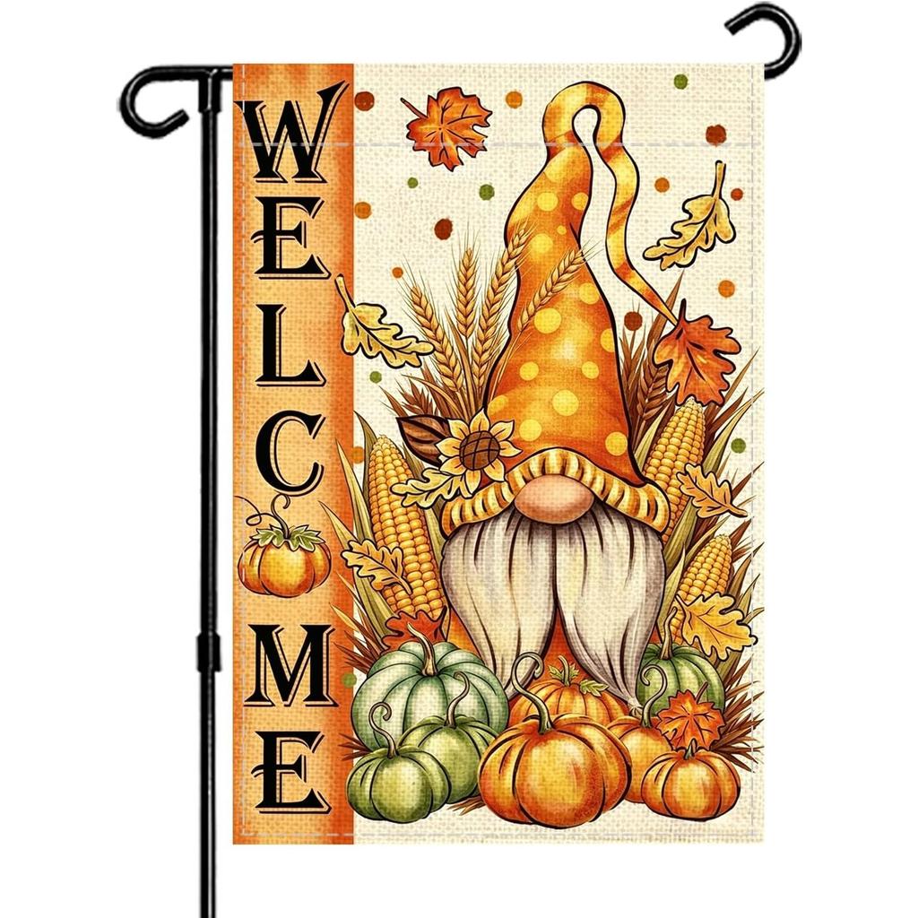Fall Garden Flag, Welcome Gnome Pumpkin Design, Double Sided , Outdoor Decoration