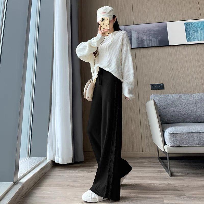 Tassel Knitted Wide Leg Pants for Women in Autumn and Winter Brushed Straight Leg Pants Loose and Slimming Floor Length Pants