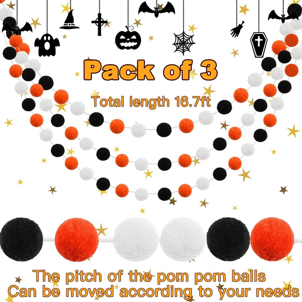 3pk Halloween Fall Felts Ball Garland Thanksgiving Decorations Indoor Home Room Decor Cute Hanging Orange Black Pompom Bead Christmas Tree Ornament