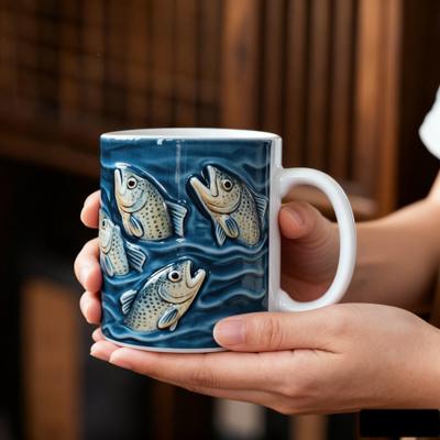 Fishing Ceramic Mug Trout Fish Design Coffee Mug with Blue Wave Pattern 11/15oz Fish Art Drinkware Gifts for Men Fisher