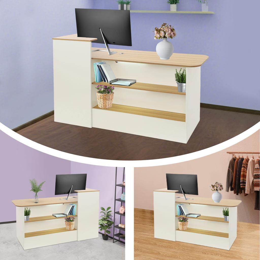 150*50*100cm Rectangle Solid Wood Reception Desk,Warm White+Log Color Reception Desk with a Lockable Drawer for Offices,Shops