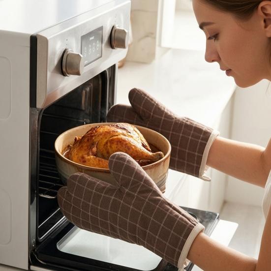 Thick Heat Resistant Oven Gloves with Pot Holder Non-Slip Cotton Mitts for Microwave Baking Grilling Kitchen Gloves