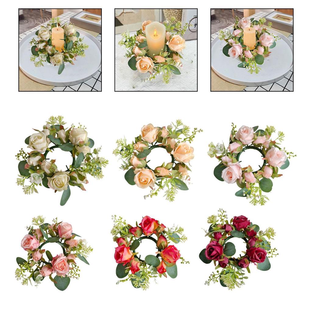Candle Ring Candleholder Decoration Ornament Artificial Flowers Wreath Candlestick Holder for Tabletop Wedding Front Door