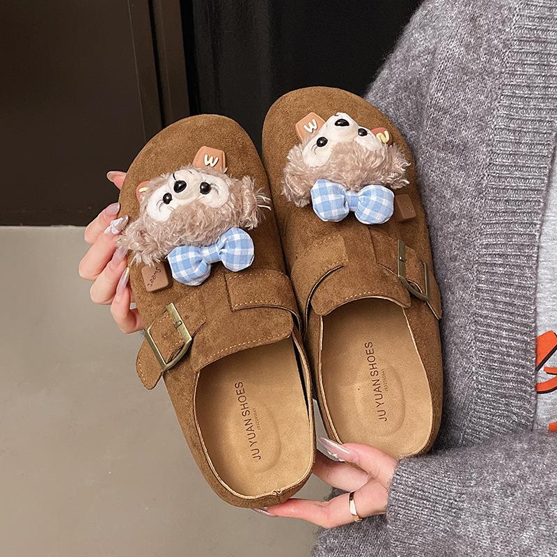 2025 Red Half Shoes New Casual Half Drag Boken Explosion Cartoon Spring Women's Net Boken Sherry Rose Belt Buckle