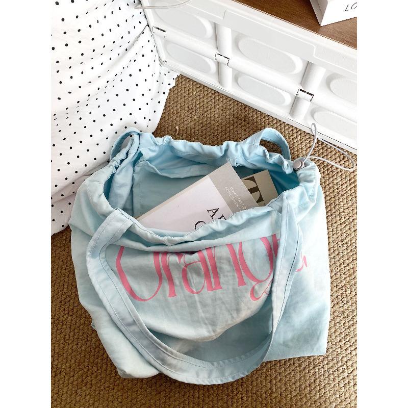 Korean Style Drawstring Tote Bag for Women, Colorful Dopamine Letter Print Shoulder Bag, Lightweight Casual Commuter Handbag KTB