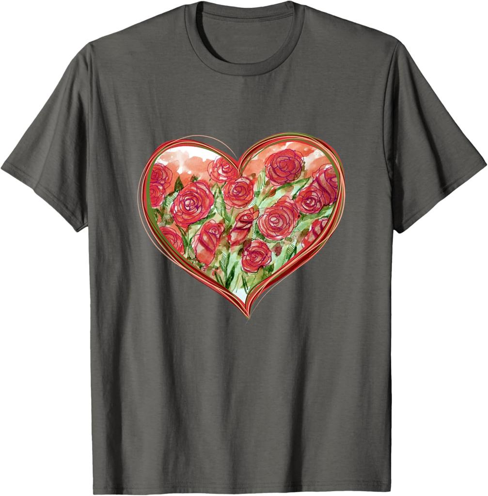 Red Rose Heart Garden Watercolor Graphic Tee Casual Cotton T-Shirt For Men