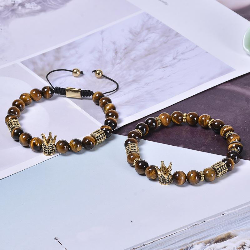 Natural Tiger Eye Stone Crown Bracelet, Natural Stone Copper Micro Inlaid with Zircon, Hexagonal Elastic Bracelet