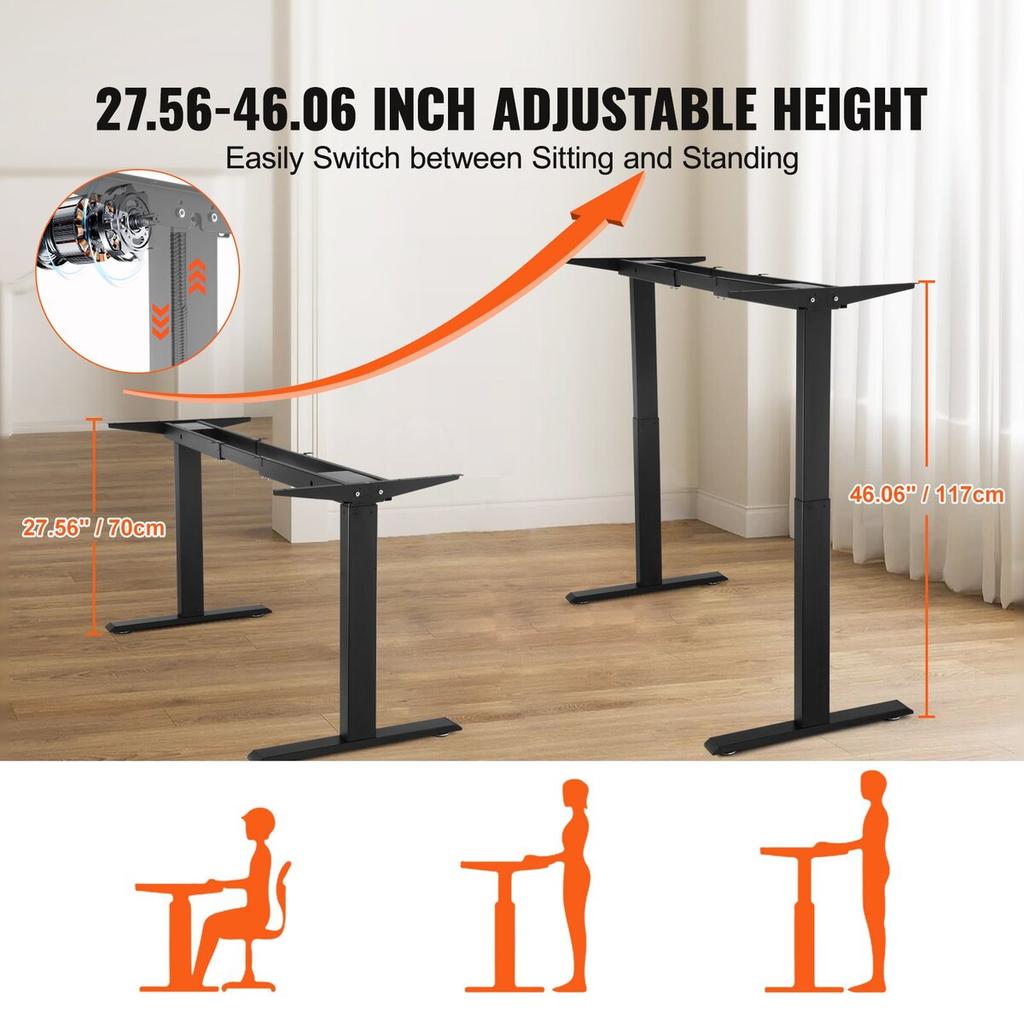 Electric Standing Desk Frame Dual Motor Adjustable 70-117 Cm H Black