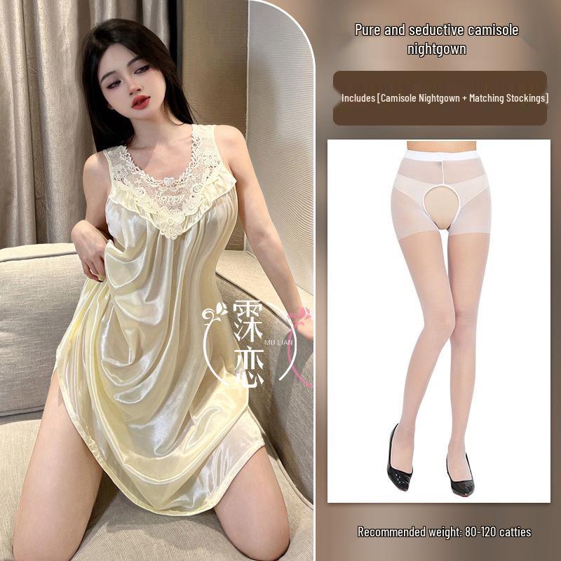 Cămașă de noapte Milian Mărimi Mari din Dantelă - Lenjerie de Noapte Coreeană fără Mâneci