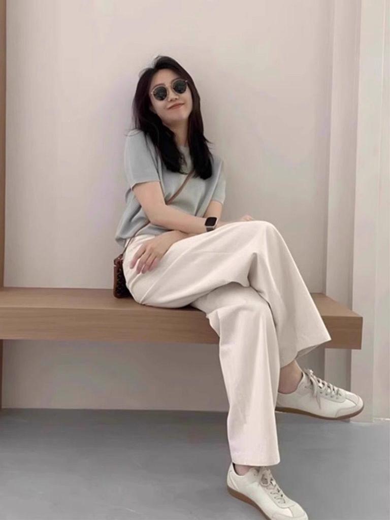 Plus Size Korean Style Casual Summer Outfit: Knit T-shirt & Wide Leg Pants Set for Women