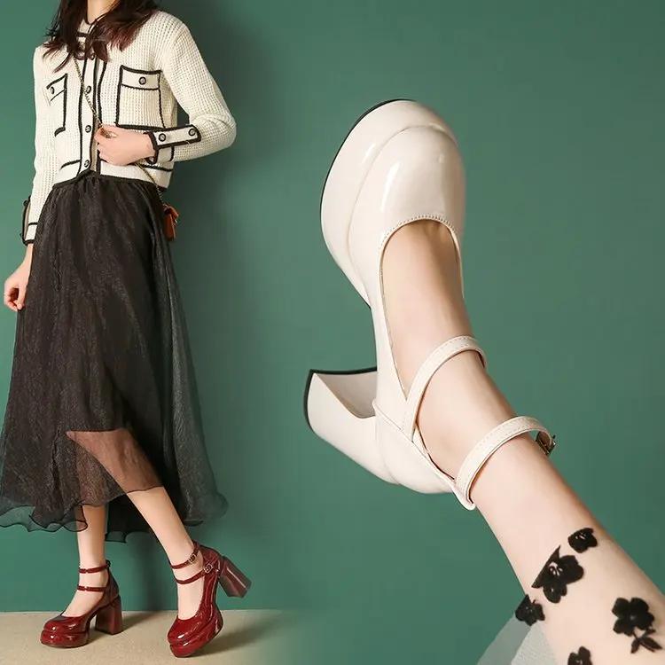 Nové Dámské Lodičky Boty Móda Pásek s křížem Dámské Mělké Šaty Boty Mary Jane Dámské Elegantní Obuv na vysokém podpatku Podpatky na platformě