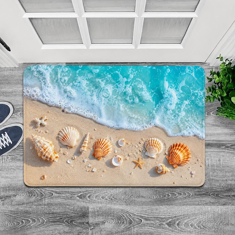 Ocean Waves Beach Shells Floor Mat Flannel Door Mat Non-Slip Washable Foam Entryway Rug for Bathroom Bedroom Entryway
