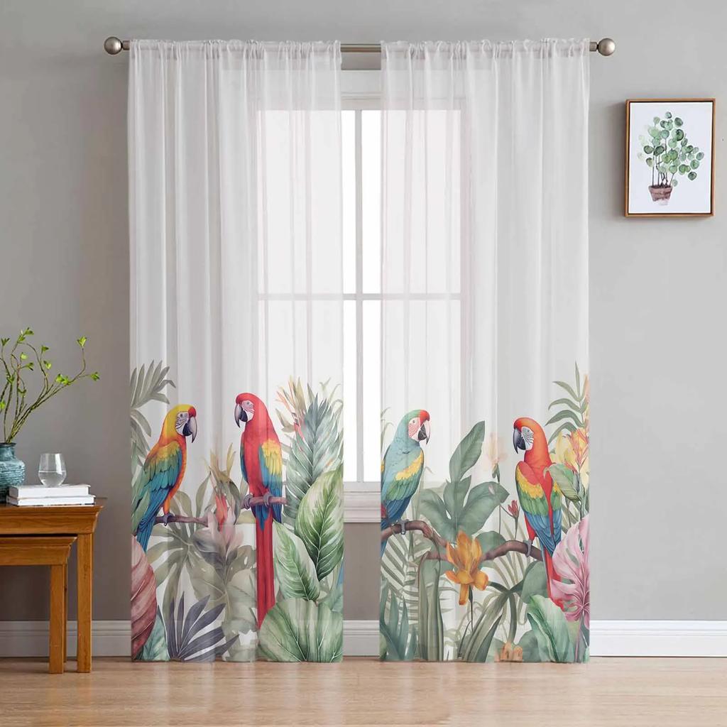 Tropical Leaves Parrot Flowers Sheer Drapes for Living Room Decoration Window Curtains Kitchen Curtains