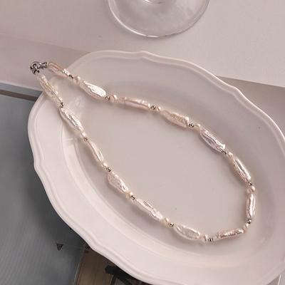 Natural Freshwater Baroque Toothpick Small Silver Bar Pearl Necklace with Unique Design, Long Baroque Pearl Necklace for Women