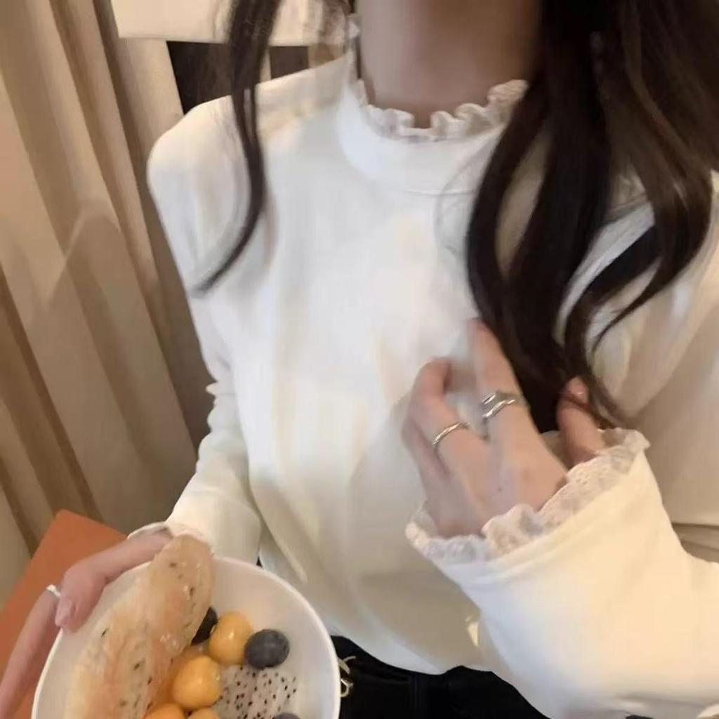 Women's 2025 Fall/Winter High Neck Lace Trim Fleece T-shirt - Slim Fit Long Sleeve Base Layer