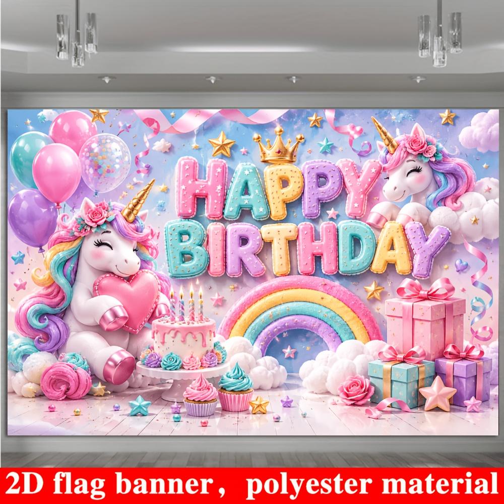 Unicorn Happy Birthday Banner Backdrop Balloons Rainbow Cake Gift Boxes