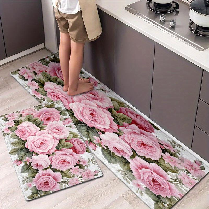 VIKAMA 1/2pc Valentine's Day Pink Rose Pattern Non-Slip Floor Mat, Suitable For Entrance, Bathroom, Kitchen And Home Decoration.