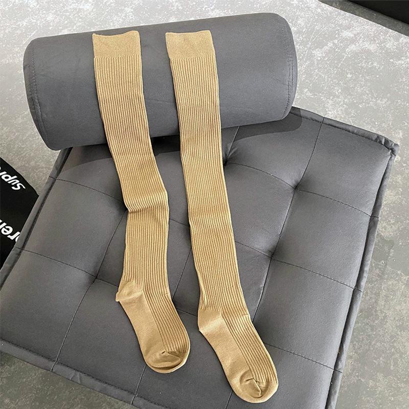 

Женские длинные носки из чесаного хлопка, новые корейские модные гольфы с нитками, однотонные чулки в вертикальную полоску One Size хаки