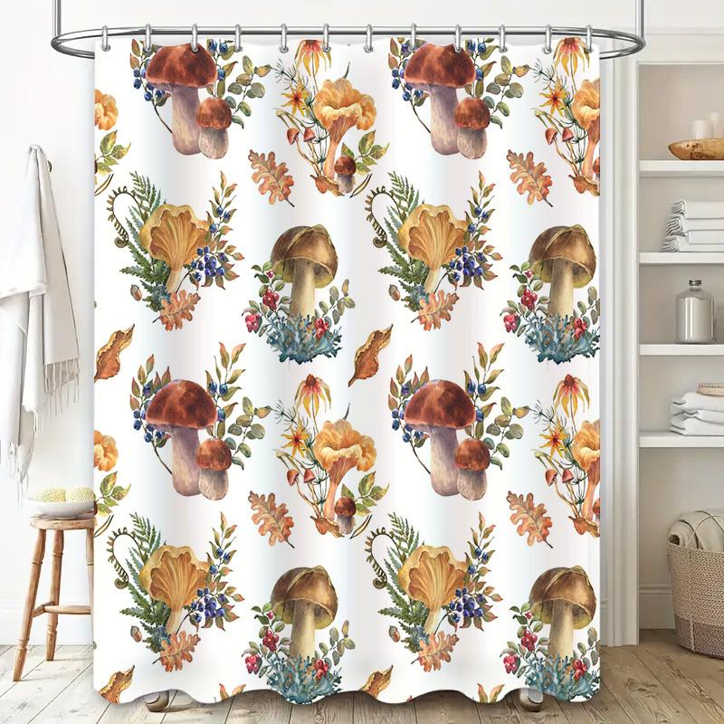 Forest Mushrooms Autumn Leaves Shower Curtainprinted Polyester Waterproof Bathroom Decorative Wall Hanging (White)