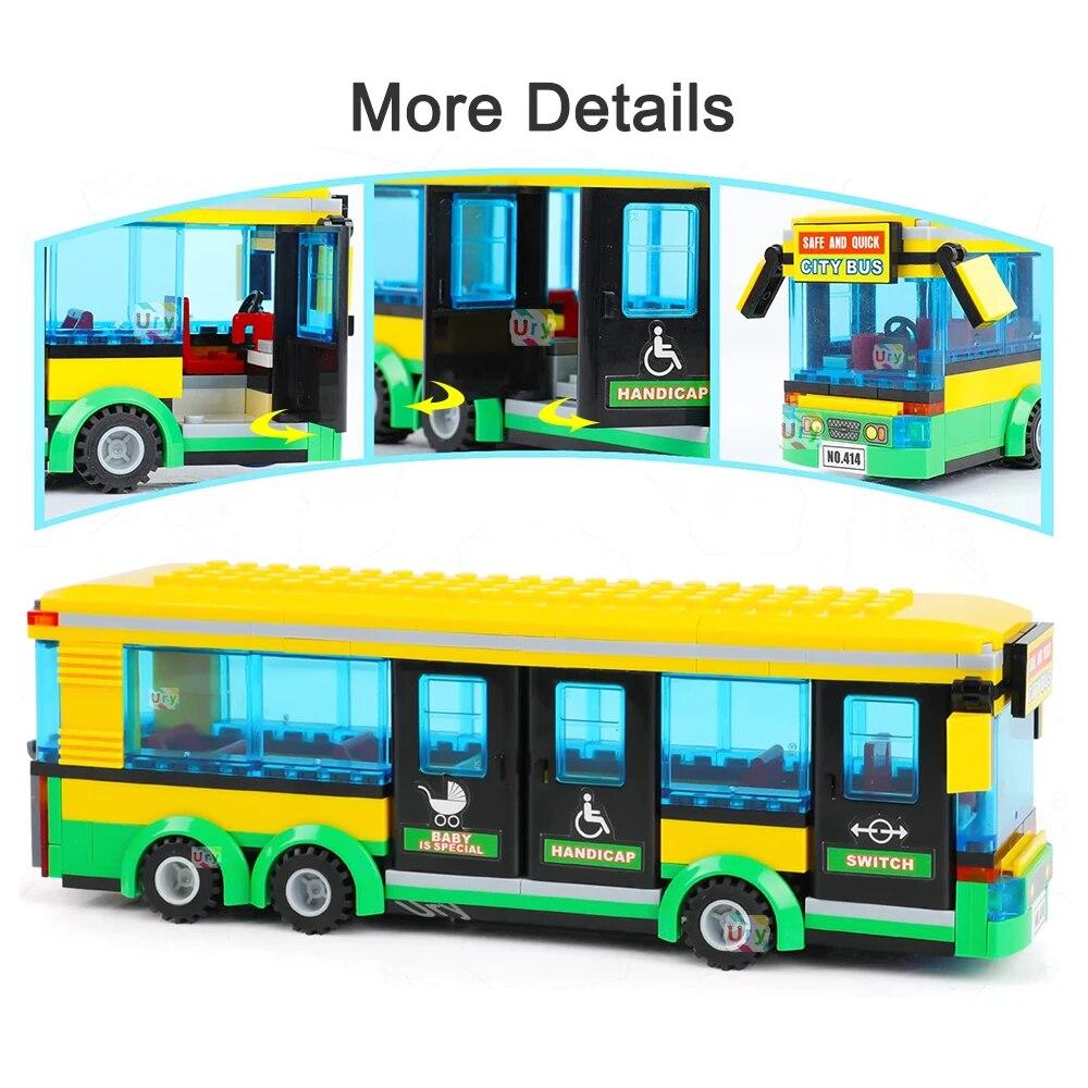 City Car Yellow Passenger School Bus Station Single-Deck Public Set Figures Model Building Blocks DIY Toys for Kids Boys Gifts