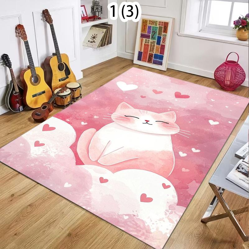 Black Cat & Flower Area Rug Non-Slip Washable Floor Mat with Watercolor Print Kids Themed Carpet for Bedroom Nursery Playroom