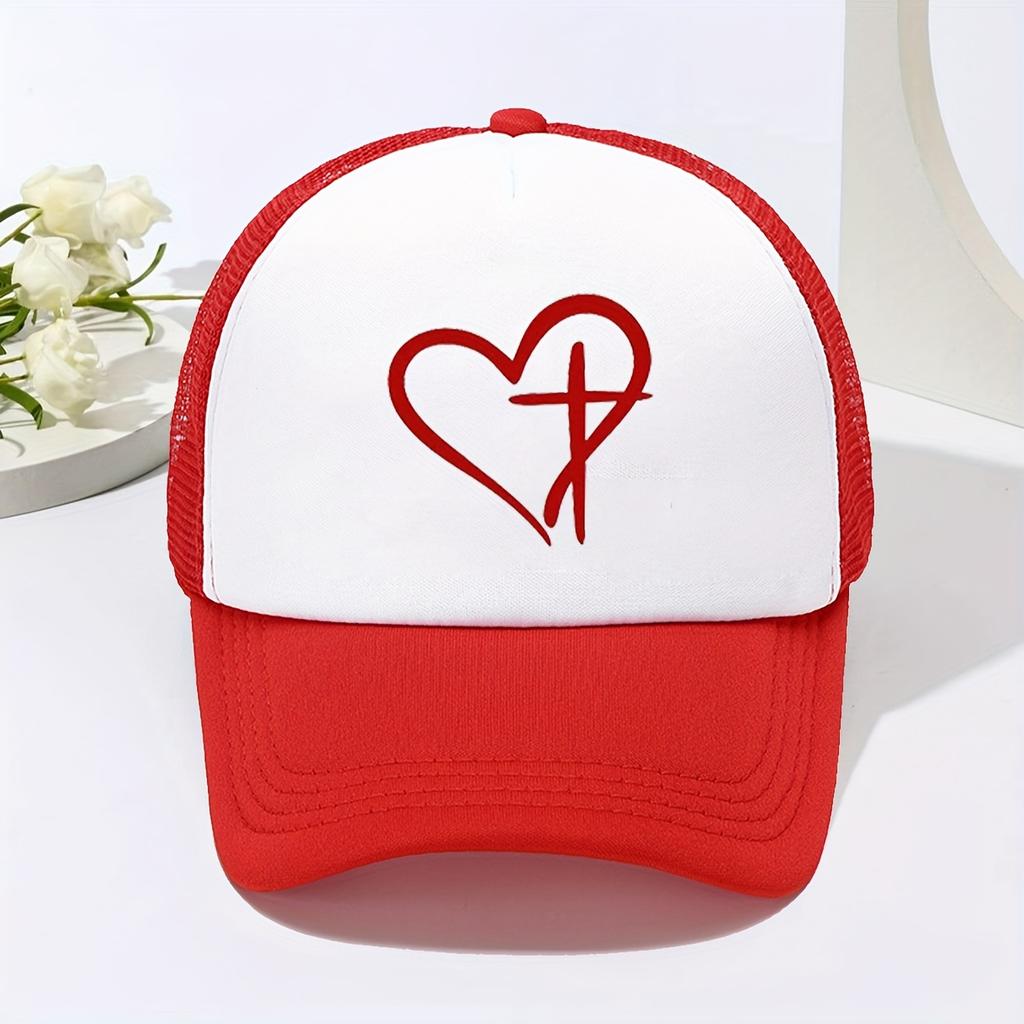 Heart and Cross Print Trucker Hat Adjustable Breathable Mesh Baseball Cap Casual Sunscreen for Men Women