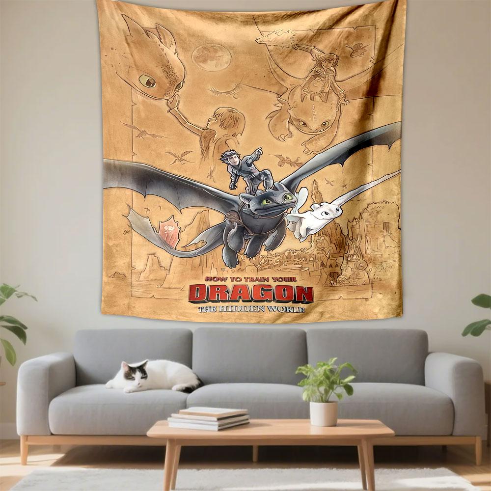 How to Train Your Dragon Hidden World Poster Tapestry Wall Hanging, Dragon Family Flight Art, Fantasy Wall Decor for Bedroom