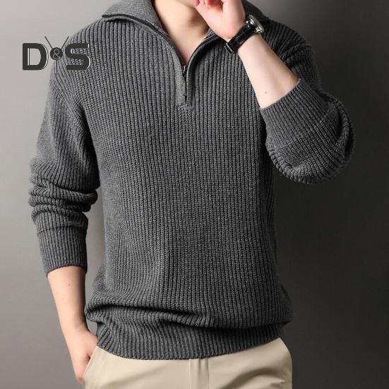 Men Fall Winter Sweater Lapel Loose Half Zipper Long Sleeves Mid Length Solid Color Retro Knitted Sweater