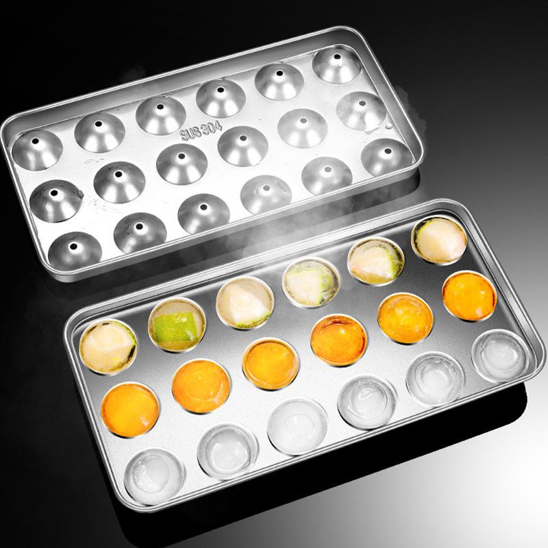 

Формы для подноса для льда из нержавеющей стали с крышкой для морозильной камеры, 18 ячеек, металлические, многоразовые, круглые, для приготовления кубиков льда для дома и бара серебряный