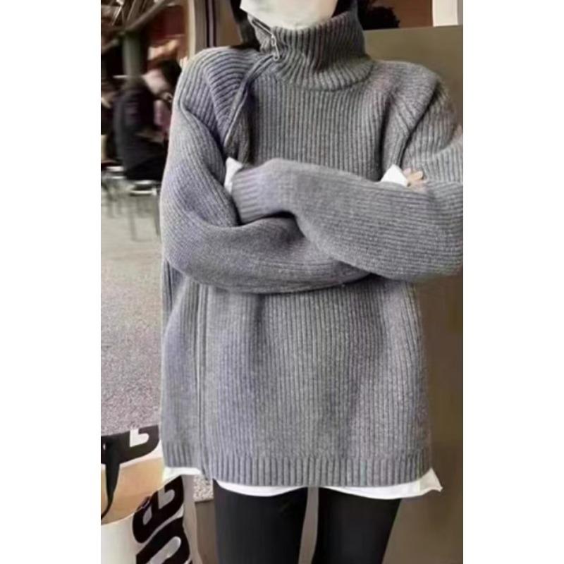 New loose medium and long lazy wind side zipper lapel knitted sweater for women's autumn and winter women + cardigan sweater for women