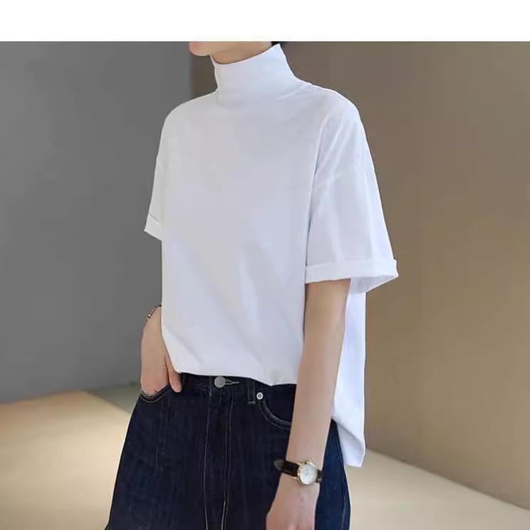 Women's Turtleneck Short Sleeve Tee Loose Fit Casual Basic Top Solid Color Summer Daily Wear