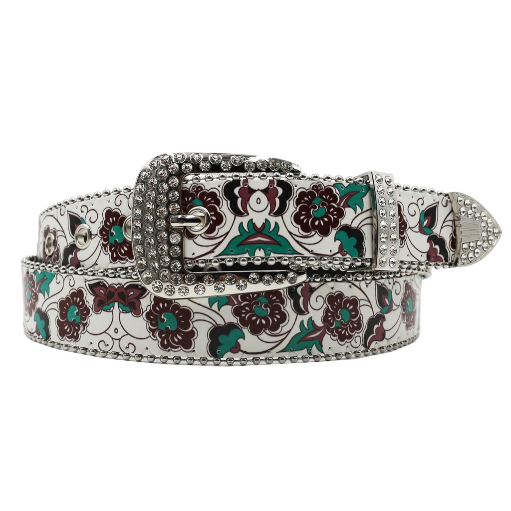 Rhinestone Belt Printed Brown Flower PU Printed Belt Design Feel Pin Buckle Belt