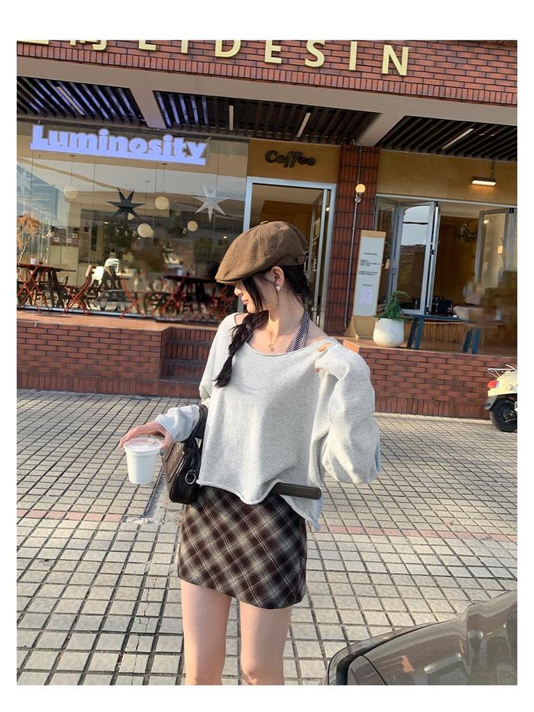 2025 New Women's Grey Knit Long Sleeve Loose Slimming Top