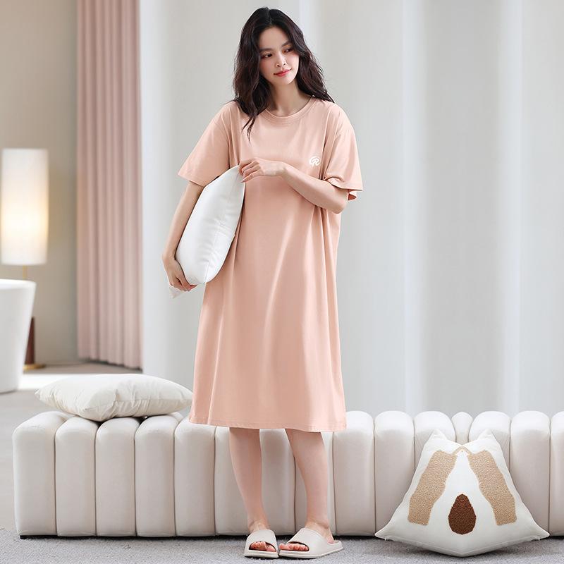 Pure cotton short-sleeved women's nightgown summer loose round neck large size 100 cotton sweet and cute loungewear can be worn outside